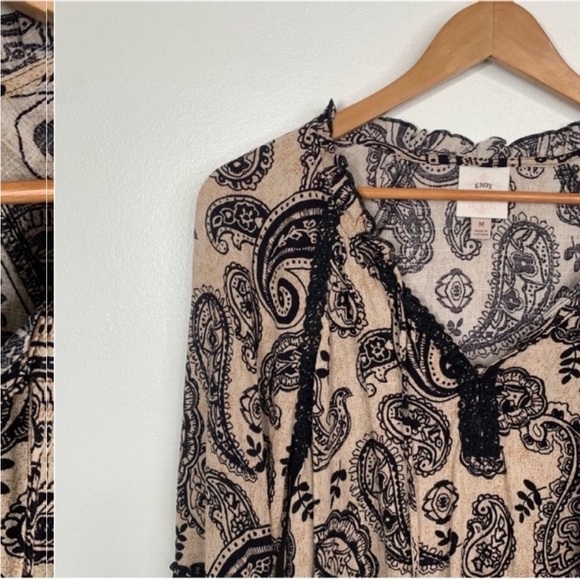 Knox Rose Paisley Boho Peasant Blouse Women’s M Tan Black Balloon Sleeve - Picture 9 of 12